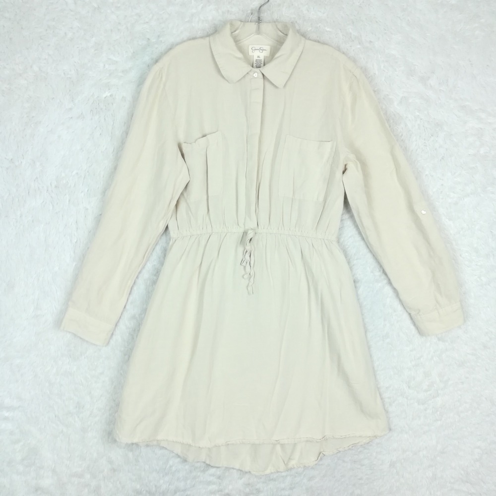 Jessica Simpson Womens Shirt Dress Linen Blend Beige Roll‎ Tab Sleeve XL